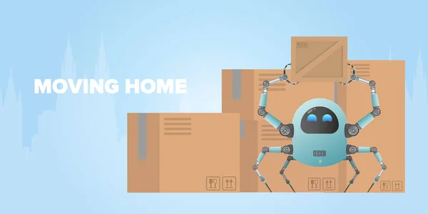 Mudándose Casa Pequeño Robot Futurista Sostiene Una Caja Estilo Dibujos — Vector de stock