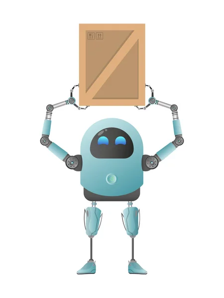 Ένα Μικρό Φουτουριστικό Ρομπότ Κρατάει Ένα Κουτί Έννοια Παράδοσης Φορτίου — Διανυσματικό Αρχείο
