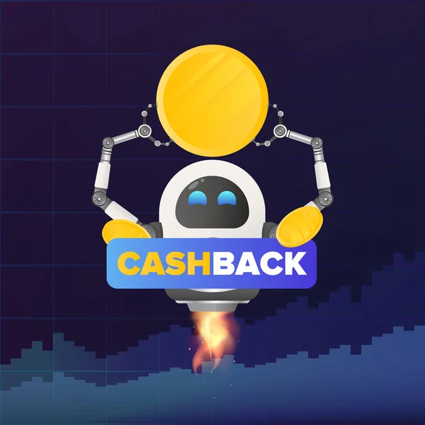 Banner Cashback Létající Robot Drží Zlatou Minci Koncept Vrácení Peněz — Stockový vektor