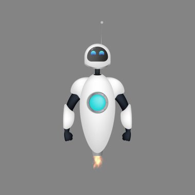 Beyaz uçan robot. Büyük sohbet robotu. Uygulama tasarımı için iyi. Gerçekçi bir tarz. Vektör.