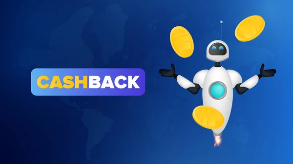 Bílý Létající Robot Zlaté Mince Vzduchu Koncept Cashback Téma Úspory — Stockový vektor