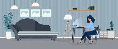 Dizüstü bilgisayarlı bir sandalyede oturan bir kadının modern düz tasarımı