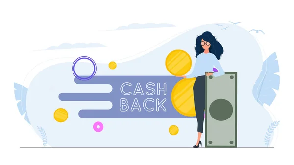Een Banier Met Cashback Zakenvrouw Een Berg Geld Een Man — Stockvector
