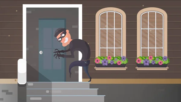 Κλέφτης Μπαίνει Κρυφά Στο Σπίτι Ληστής Προσπαθεί Ανοίξει Την Πόρτα — Διανυσματικό Αρχείο