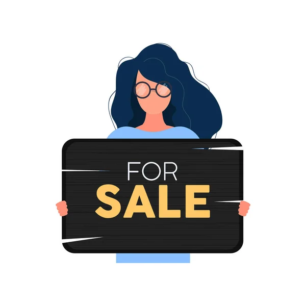 Mujer Sosteniendo Banner Venta Vector Ilustración Eps Gráfico — Vector de stock