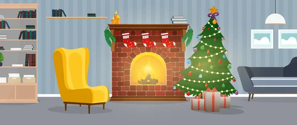 Árbol Navidad Con Regalos Decorado Con Decoraciones — Vector de stock