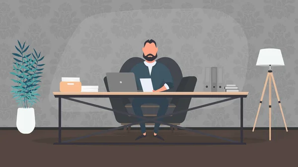 Hombre Negocios Sentado Mesa Con Ordenador Trabajando Oficina — Vector de stock