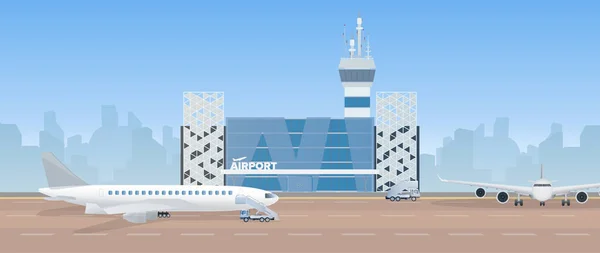 Εικονογράφηση Ενός Κτιρίου Αεροσταθμού Ένα Μεγάλο Αεροπλάνο Και Ένα Αεροπλάνο — Διανυσματικό Αρχείο