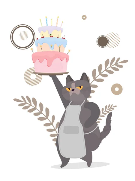 Carino Cartone Animato Gatto Tenendo Torta — Vettoriale Stock