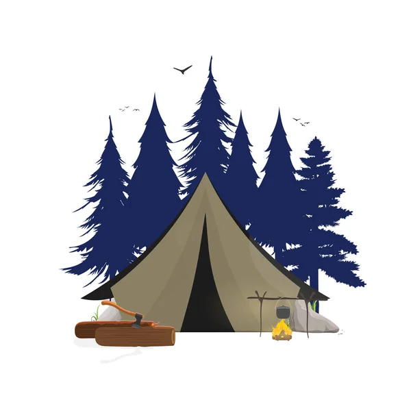 Bandeira Acampamento Florestal Ilustração Exterior Acampar Floresta Manhã Cedo Floresta — Vetor de Stock