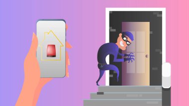 The thief is trying to get into the house through the door. Security at home. Alert. Safety and security concept. Vector. clipart
