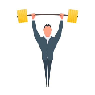 İşadamı halteri altın paralarla kaldırır. Halterli takım elbiseli bir adam. Başarılı bir iş ve gelir artışı kavramı