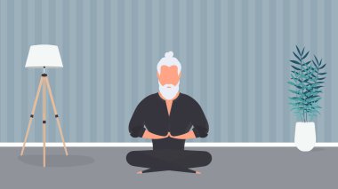 Kimonolu bir adam meditasyon yapıyor. Kung Fu ustası. Adam yoga yapıyor. Vektör.
