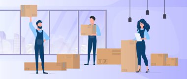 Teslimat. Kutuları ve kutusu olan insanlar. vektör illüstrasyonu