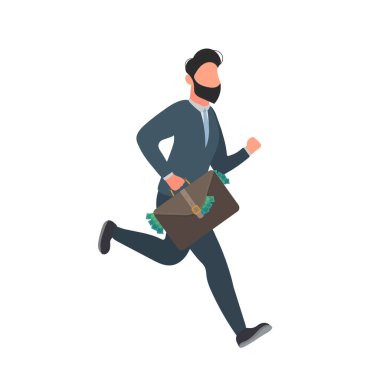 Elinde bavul olan bir iş adamı. Banknotlar çantadan çıkıyor. Vektör. İzole edilmiş.