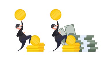 Hırsız para çalıyor. Soygun ve mali güvenlik kavramı. Düz biçim, Vektör.