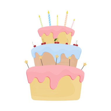 Düz bir şekilde tatil pastası. Pasta beyaz arka planda izole edilmiştir. Doğum günü kartı tasarlamak için iyi. Vektör.