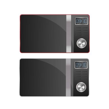 Gerçekçi bir tarzda mikrodalga fırın. Arka planda mikrodalga fırın var. Vektör.