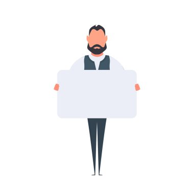 Mesaj için yeri olan boş bir poster. Beyaz arka planda izole edilmiş boş bir pankart tutan adam. Adam afişi gösteriyor. Vektör
