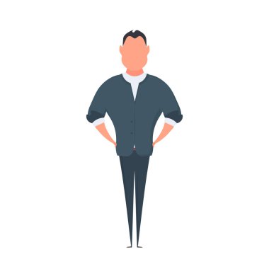 Çizgi film tarzında bir iş adamı. Adam ellerini kemerinde tutuyor. İzole edilmiş. Vektör.