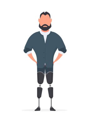 Protez bacaklı engelli bir adam. Protez, engelli kişi. Çizgi film düz vektör çizimi