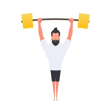 Halterli bir gözcü. Bir adam halter kaldırır. Spor ve sağlıklı yaşam tarzı kavramı