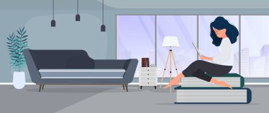 Kız bir kitap dağının üzerinde oturuyor. Kadın kitap okuyor. Vektör.