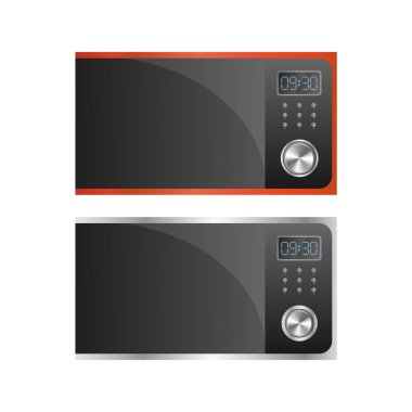 Gerçekçi bir tarzda mikrodalga fırın. Arka planda mikrodalga fırın var. Vektör.