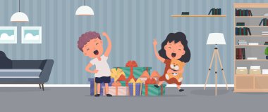 Çocuklar hediyelere sevinir. Mutlu çocuklar, bir sürü hediye. Tatil konsepti. Vektör.