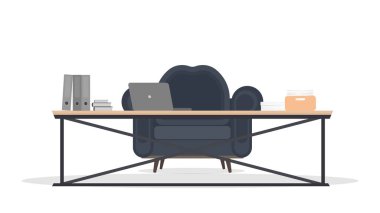 Bilgisayar ve dizüstü bilgisayarlı ofis masası, vektör illüstrasyonu