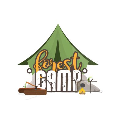 Forest camp banner. Outdoor illustration. Camping in the forest. Early morning in the forest with tents. clipart