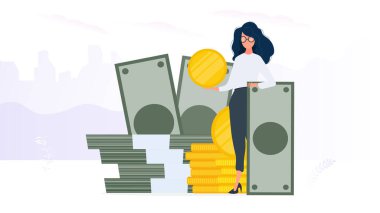 Parası ve parası olan iş kadını, vektör illüstrasyonu