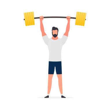Halterli bir gözcü. Bir adam halter kaldırır. Spor ve sağlıklı yaşam tarzı kavramı