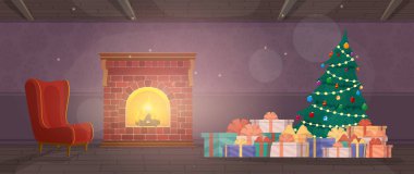 Yeni yılın arifesinde Noel odasının şenlikli iç mekanı. Yanan şömine. Vektör illüstrasyonu, tebrik kartı şablonu.