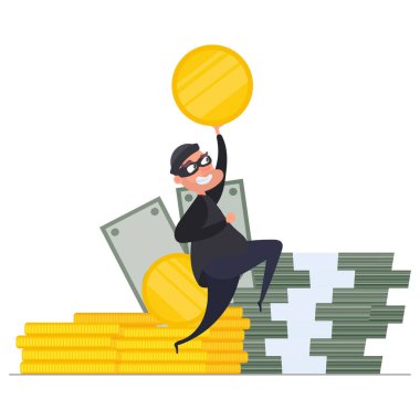 Hırsız para çalıyor. Soygun ve mali güvenlik kavramı. Düz biçim, Vektör.