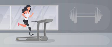 Protez bacaklı bir kız koşu bandında koşuyor. Robot bacaklı bir kadın spor salonunda egzersiz yapıyor. Vektör.
