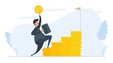 Zıplayarak mutlu bir iş adamı. Elinde bavul ve elinde altın sikke olan bir iş adamı. Dağ gibi para. Dolar, tomar tomar para, altın paralar. Vektör.