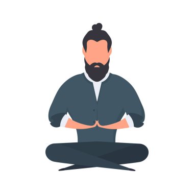 Yoga yapan bir adam. Rahatlama, meditasyon, yoga ve işten uzaklaşma. Vektör.