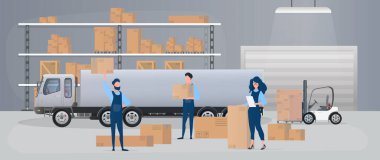 Teslimat hizmeti kavramı. Depodaki insanlar.