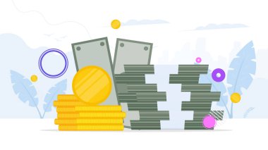 Para ve madeni paralar yığını. vektör illüstrasyonu