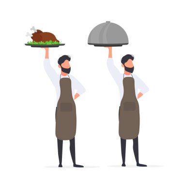 Aşçı kapaklı metal bir tabak tutuyor. Garson, içinde kızarmış et olan bir tabak tutuyor. İzole edilmiş. Vektör.