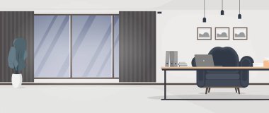 Penceresi ve masası olan bir ofisin modern iç tasarımı