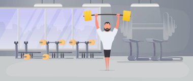 Halterli bir gözcü. Bir adam halter kaldırır. Spor ve sağlıklı yaşam tarzı kavramı