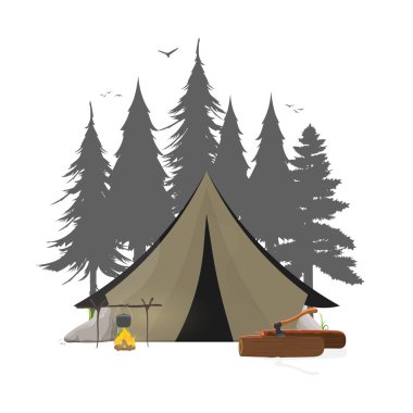 Forest camp banner. Outdoor illustration. Camping in the forest. Early morning in the forest with tents. clipart