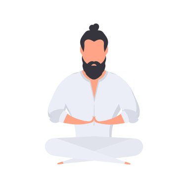 Kimonolu bir adam meditasyon yapıyor. Kung Fu ustası. Adam yoga yapıyor. Vektör.