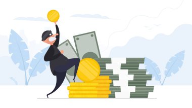 Hırsız para çalıyor. Soygun ve mali güvenlik kavramı. Düz biçim, Vektör.