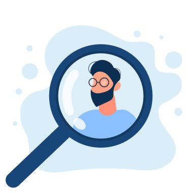 Büyüteç ikonlu bir adam. vektör illüstrasyonu