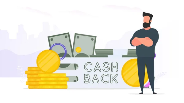 Banner Cashback Empresario Una Montaña Dinero Hombre Está Cerca Monedas — Archivo Imágenes Vectoriales