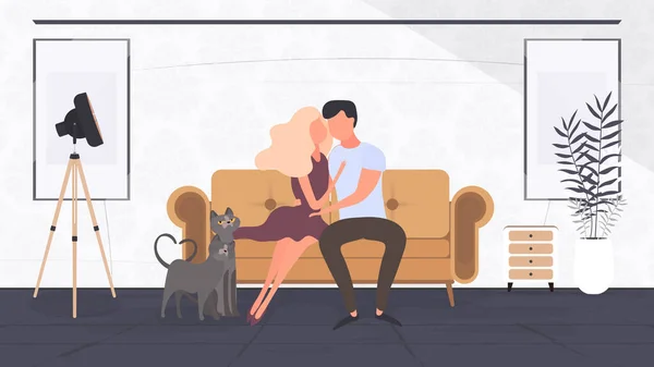 Αγαπημένο Ζευγάρι Που Αγκαλιάζεται Ένα Παγκάκι Αγόρι Κορίτσι Γάτες Αγκαλιές — Διανυσματικό Αρχείο