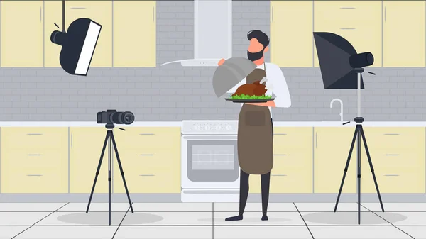 Чоловічий Кухар Кухні Має Кулінарний Блог Хлопець Кухонному Фартусі Тримає — стоковий вектор